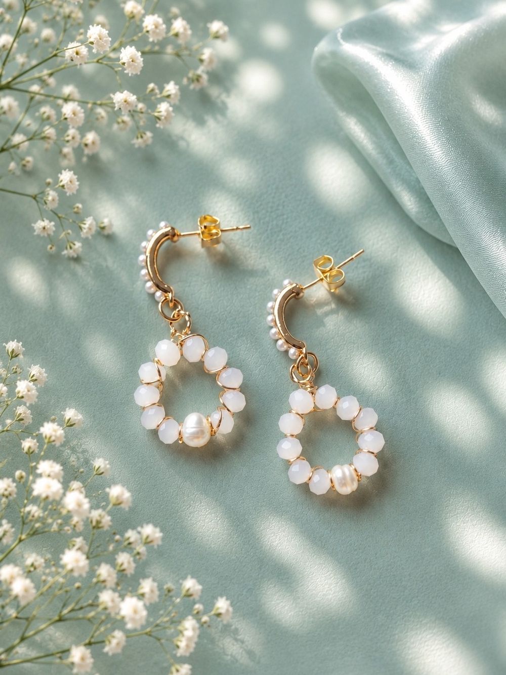 Gold Circular Drop Earrings with White Beads and Pearl Accent